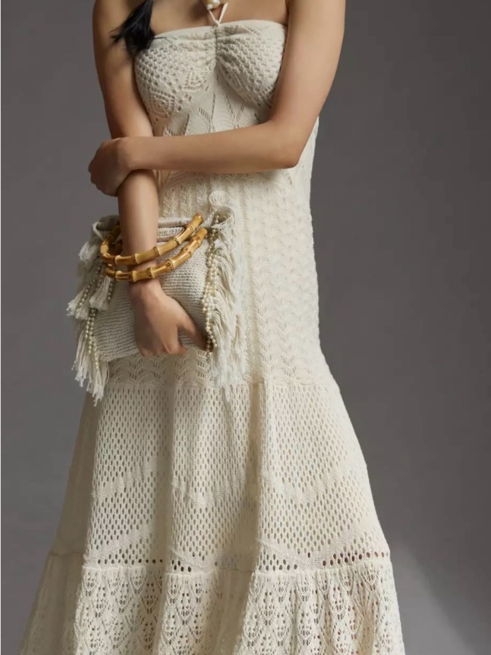 Anthropologie x Farm Rio Cream Crochet Strapless Maxi Dress with Fringed size xl